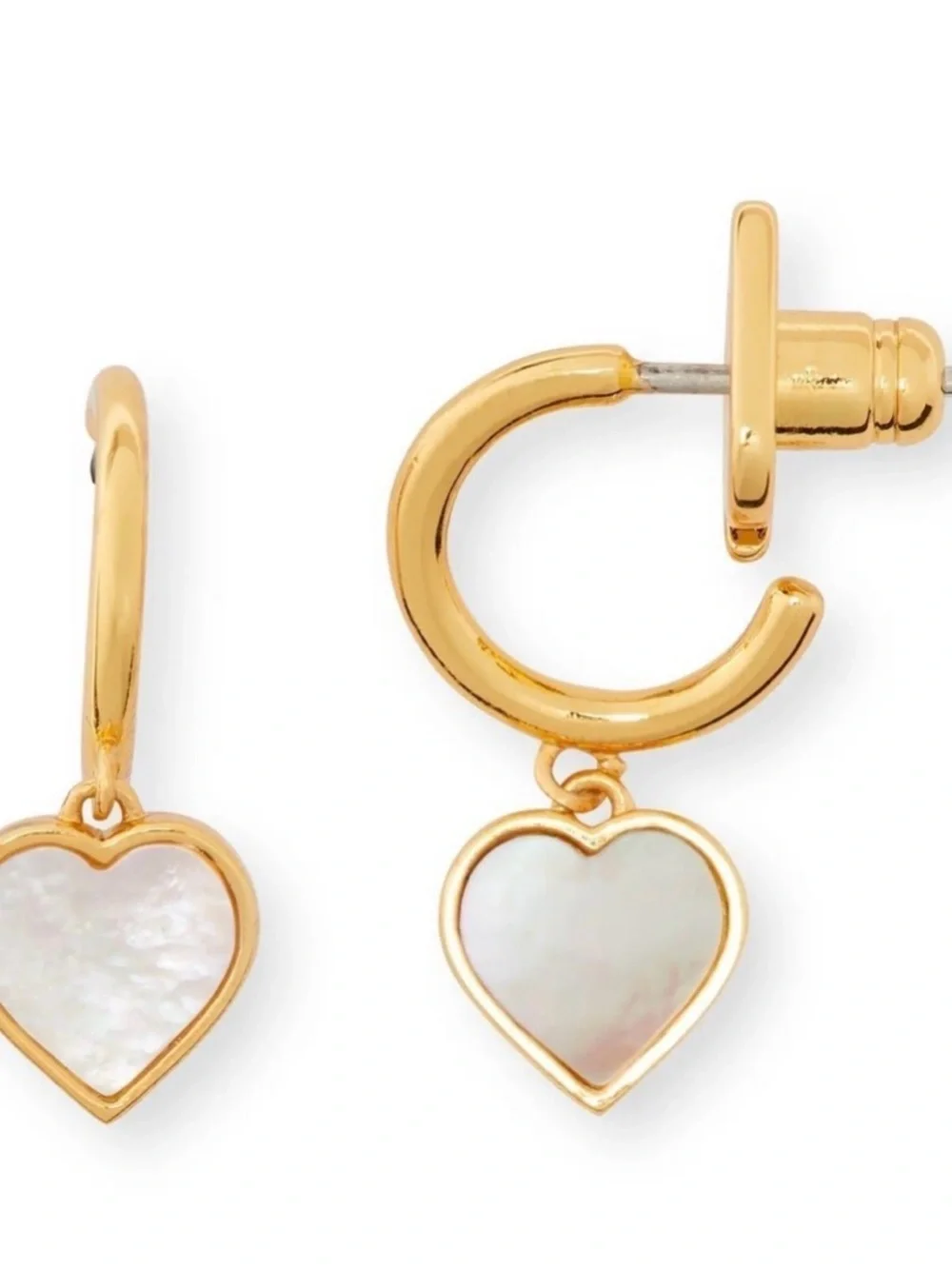New Kate Spade flower mother-of-pearl heart drop huggie hoop earrings in Gold
